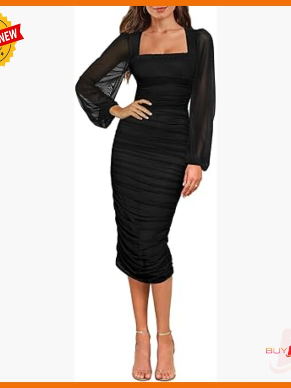 Sexy Ruched Bodycon Midi Dress Long Puff Sleeve Square Neck Mesh